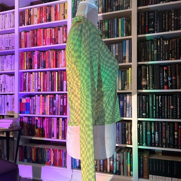 Green checkered see-through mesh trippy button up collared shirt - Picture 3 of 6